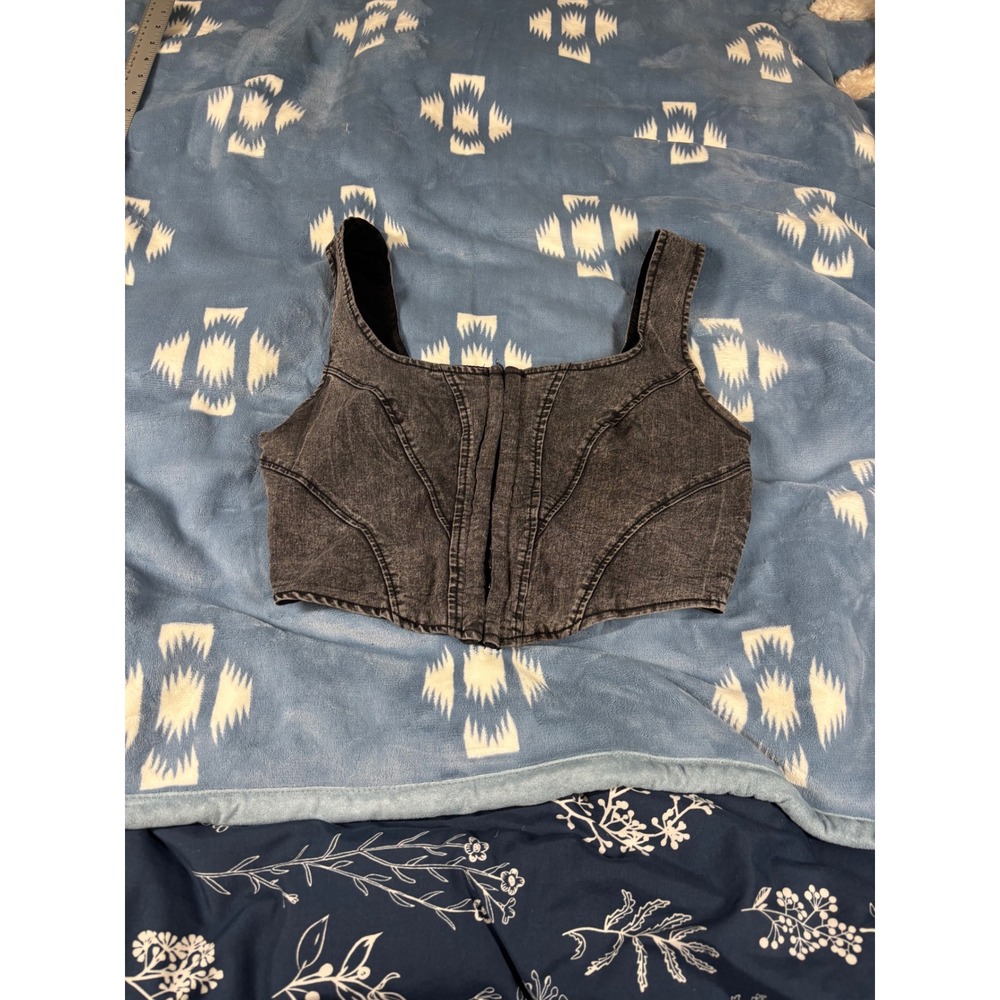 Blashe Acid Wash Denim Corset Top Black Square Neck Hook & Eye Cropped Medium